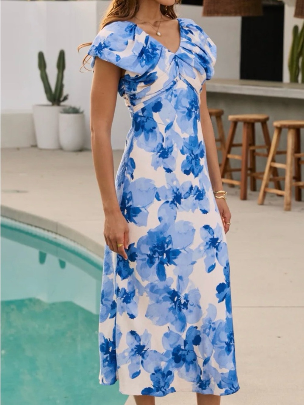 Bohme Womens Cassidy Floral Midi Dress Sz XL Blue Feminine Garden Party Romance